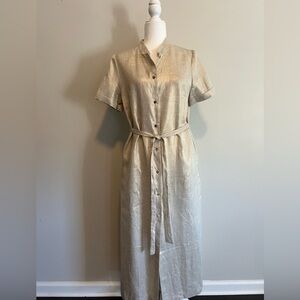 Queen of Hearts Italian Linen Gold Metallic Button-Down Midi Dress size Large